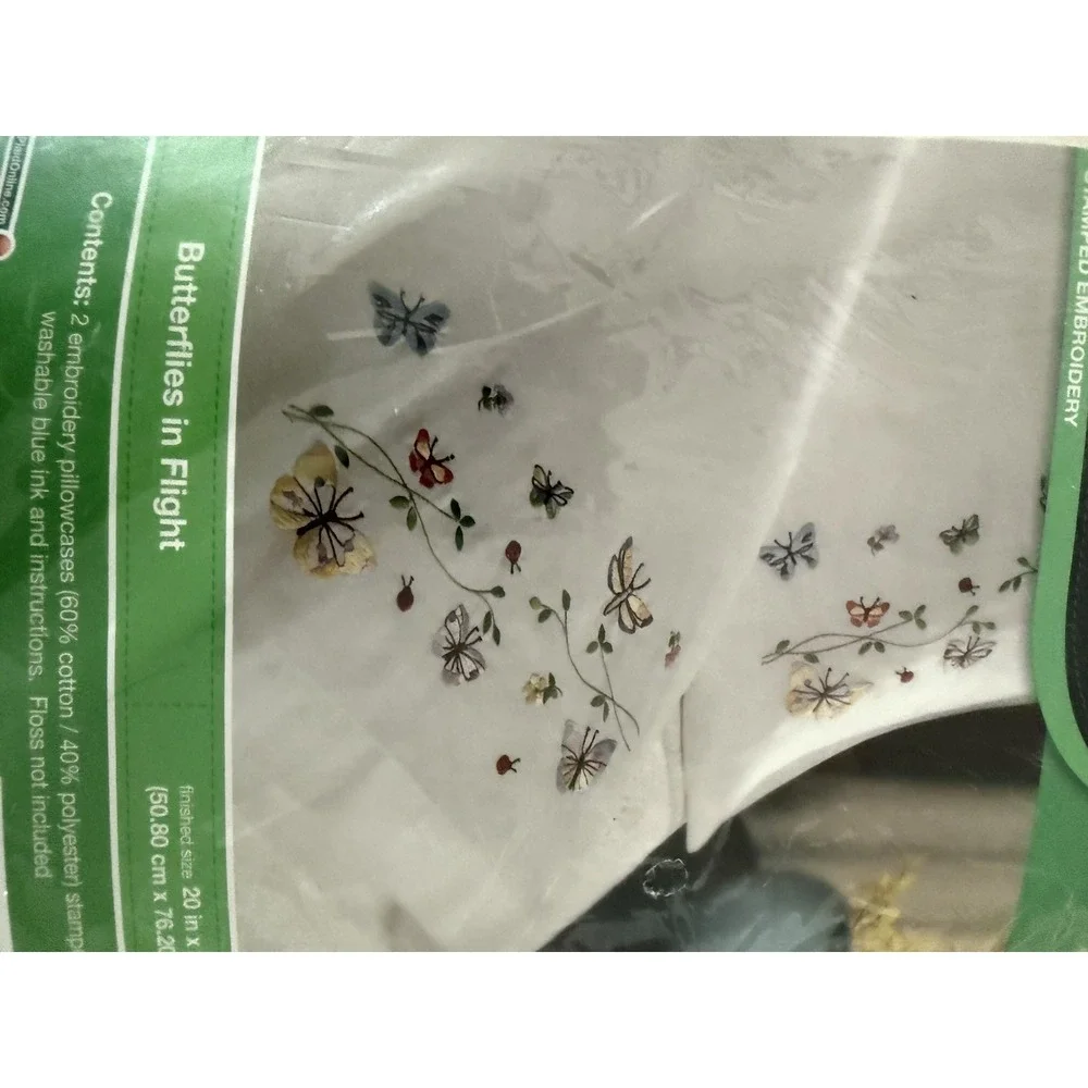 Bucilla Butterflies In Flight, two pillowcases Stamped embroidery